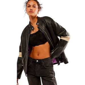 🦋Free People Ryder Black Moto Jacket with Cream Stripe combo size-XL